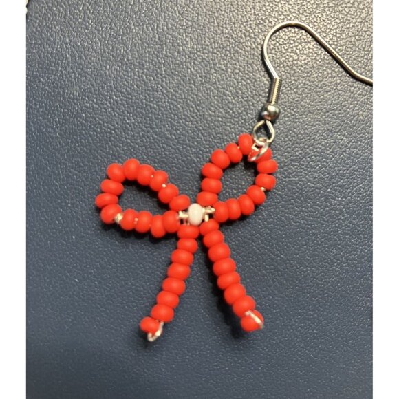 Dainty Beaded Red and White Bow Necklace and Dangle Earring Set - Picture 5 of 6